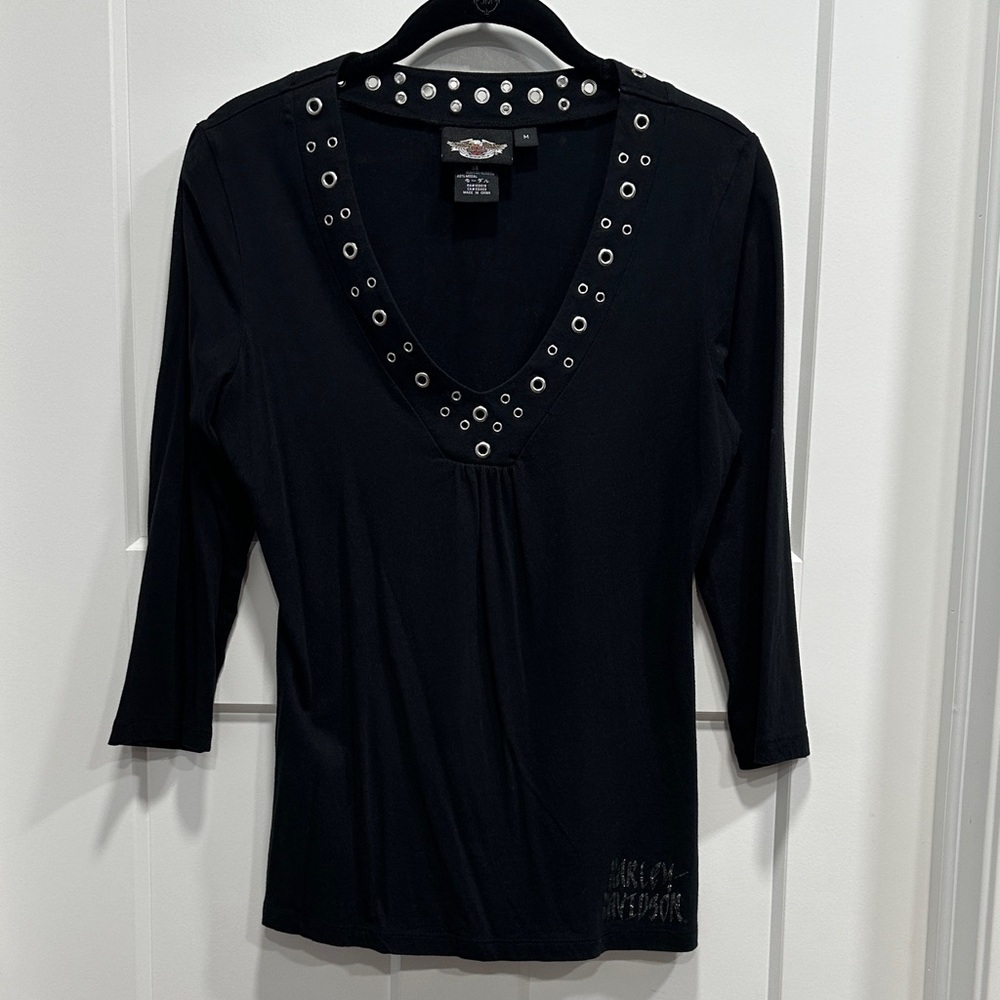 Harley-Davidson Black 3/4 Sleeve V-Neck Top Size Medium